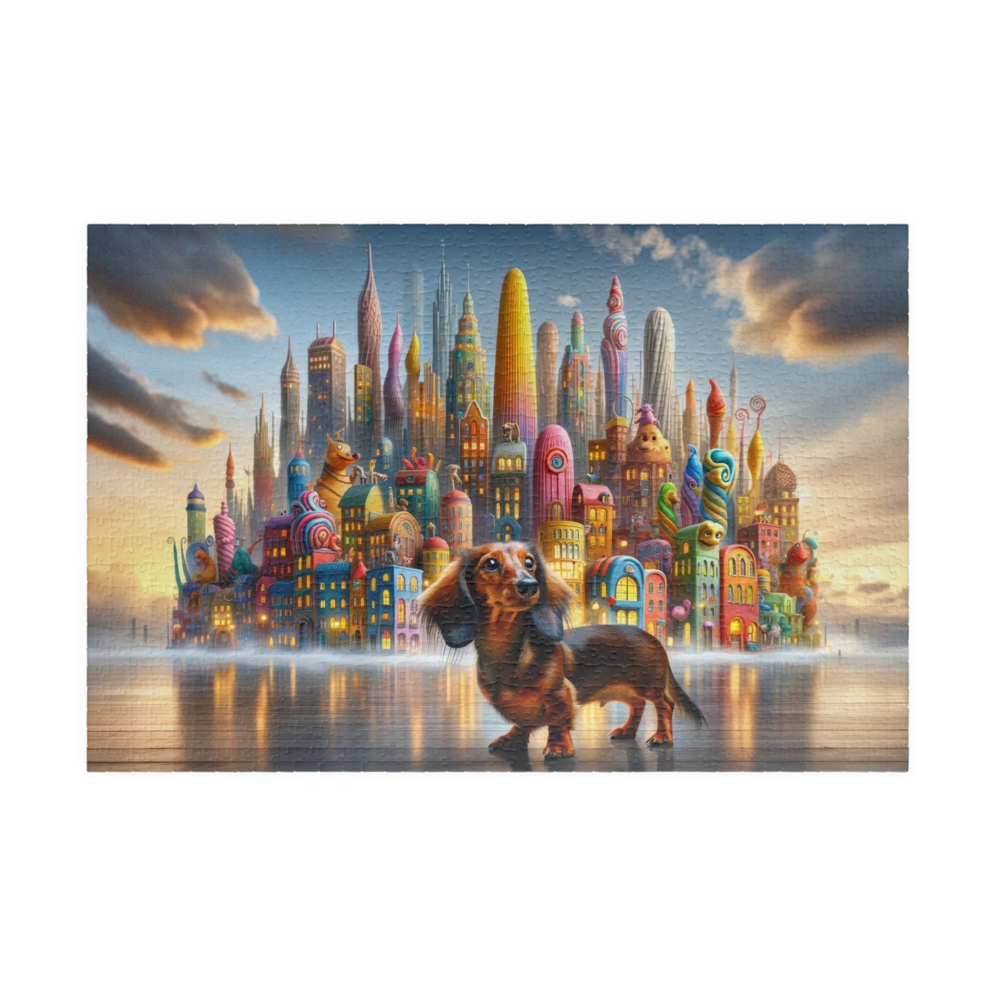 Dachshund Dream Cityscape Puzzle - Whimsical Skyline Jigsaw, Doxie Puzzle, Family-Friendly Game, Mindful Activity, 110, 252, 520, 1014-piece