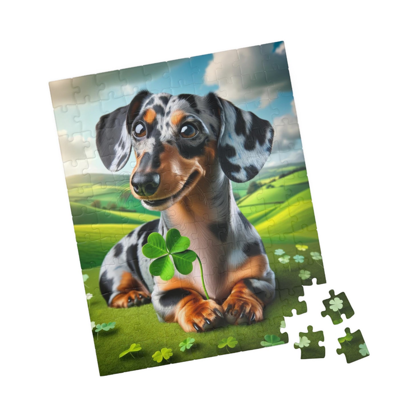 St Patrick's Day Lucky Charm Miniature Dachshund Jigsaw Puzzle -  Blue and Cream Dapple Mini Doxie 110, 252, 520 or 1014 Pieces