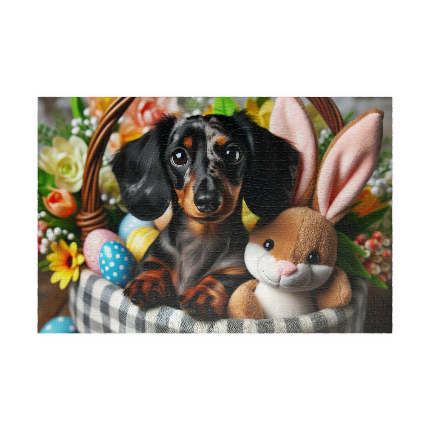 Easter Joy Miniature Dachshund Jigsaw Puzzle - Spring Celebration Black and Tan Mini Doxie 110, 252, 520 or 1014 Pieces