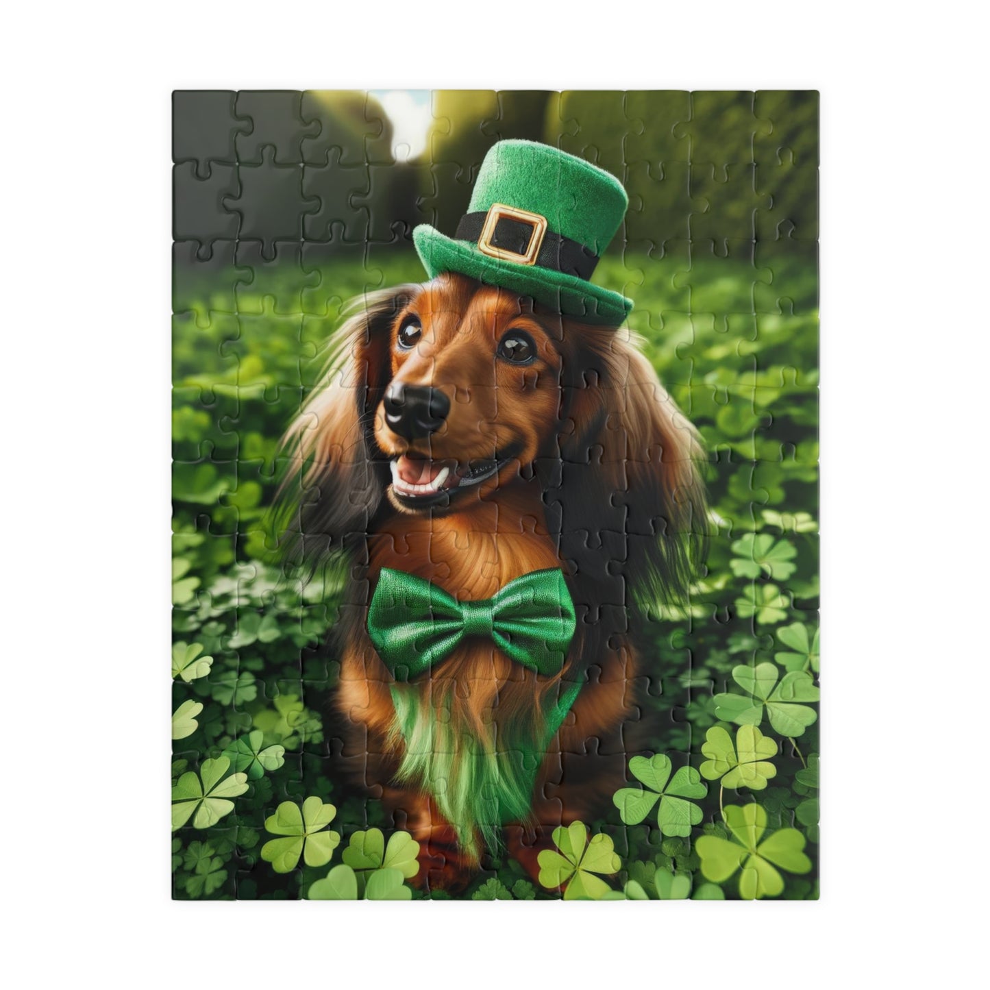 St. Patrick's Day Leprechaun Miniature Dachshund Jigsaw Puzzle - Long Haired Chocolate and Cream Mini Doxie 110, 252, 520 or 1014 Pieces