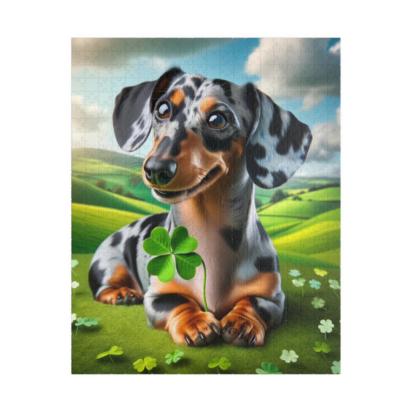 St Patrick's Day Lucky Charm Miniature Dachshund Jigsaw Puzzle -  Blue and Cream Dapple Mini Doxie 110, 252, 520 or 1014 Pieces