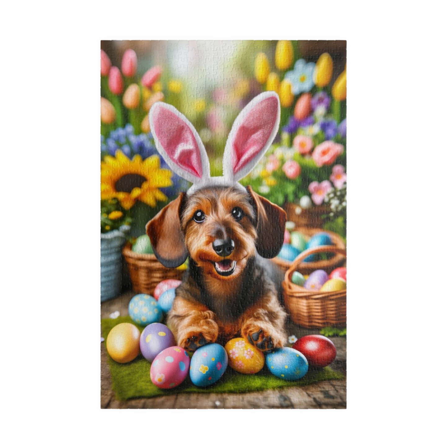 Springtime Fun Easter Bunny Miniature Dachshund Jigsaw Puzzle - Colorful Egg Hunt Wire-Haired Mini Doxie 110, 252, 520, 1014 Pieces