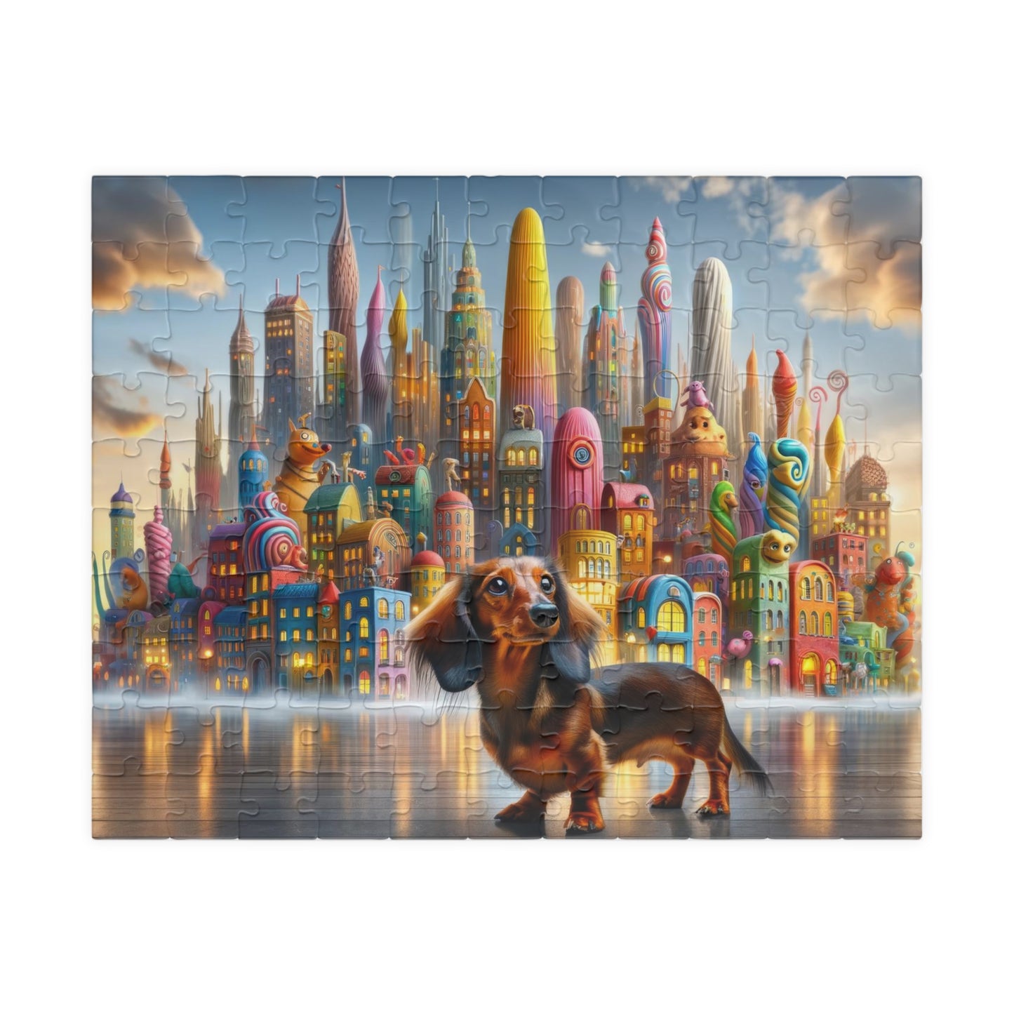 Dachshund Dream Cityscape Puzzle - Whimsical Skyline Jigsaw, Doxie Puzzle, Family-Friendly Game, Mindful Activity, 110, 252, 520, 1014-piece