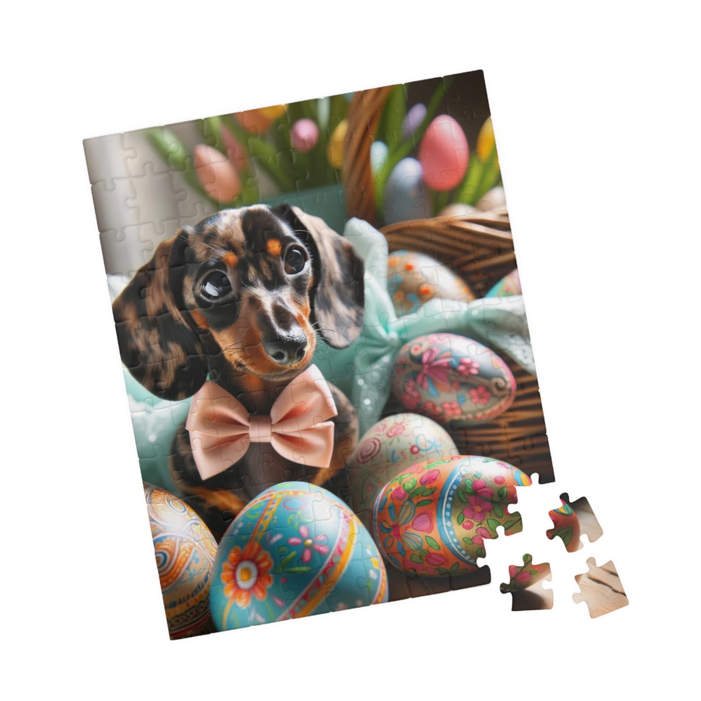 Charming Easter Elegance Miniature Dachshund Jigsaw Puzzle - Brindle Mini Doxie, Family Fun Activity 110, 252, 520 or 1014 Pieces