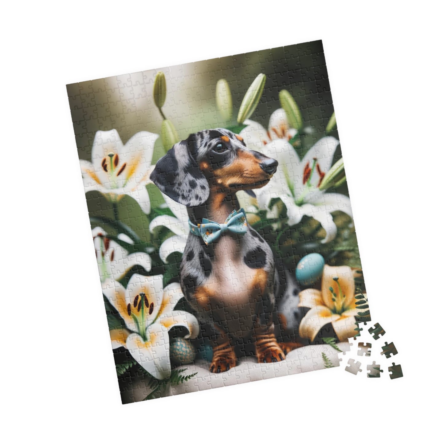 Spring Serenity Miniature Dachshund Jigsaw Puzzle - Tranquil Blue and Tan Dapple in Easter Lily Garden 110, 252, 520 or 1014 Pieces