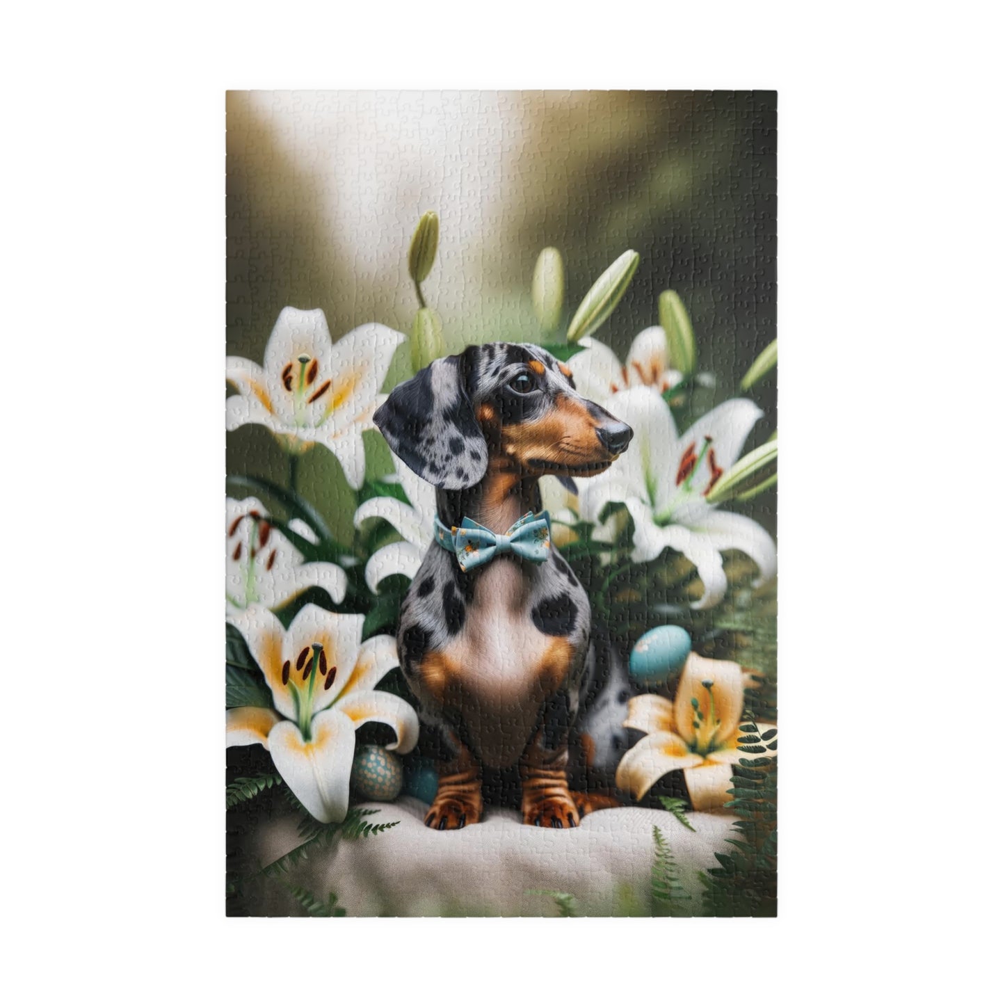Spring Serenity Miniature Dachshund Jigsaw Puzzle - Tranquil Blue and Tan Dapple in Easter Lily Garden 110, 252, 520 or 1014 Pieces