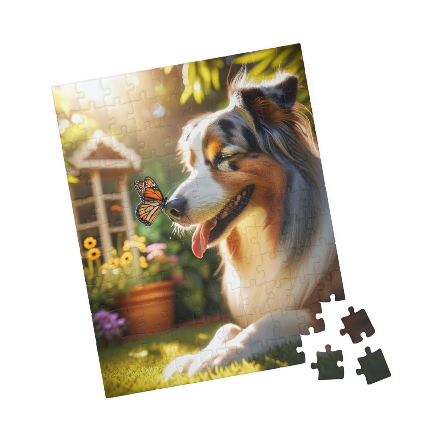 Australian Shepherd & Butterfly Puzzle - Sunlit Serenity - Mindful Family Activity - 110 to 1014 Pieces