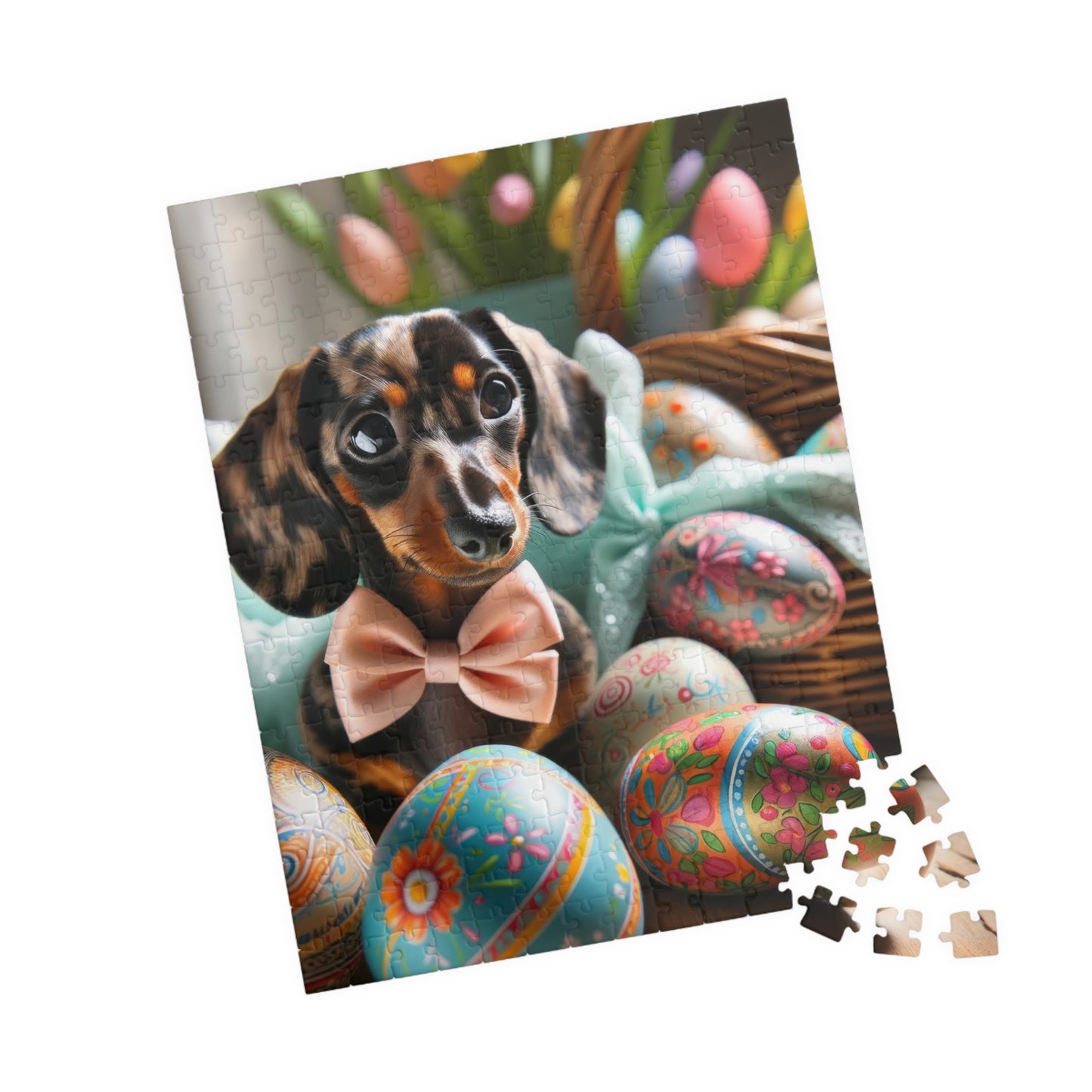 Charming Easter Elegance Miniature Dachshund Jigsaw Puzzle - Brindle Mini Doxie, Family Fun Activity 110, 252, 520 or 1014 Pieces