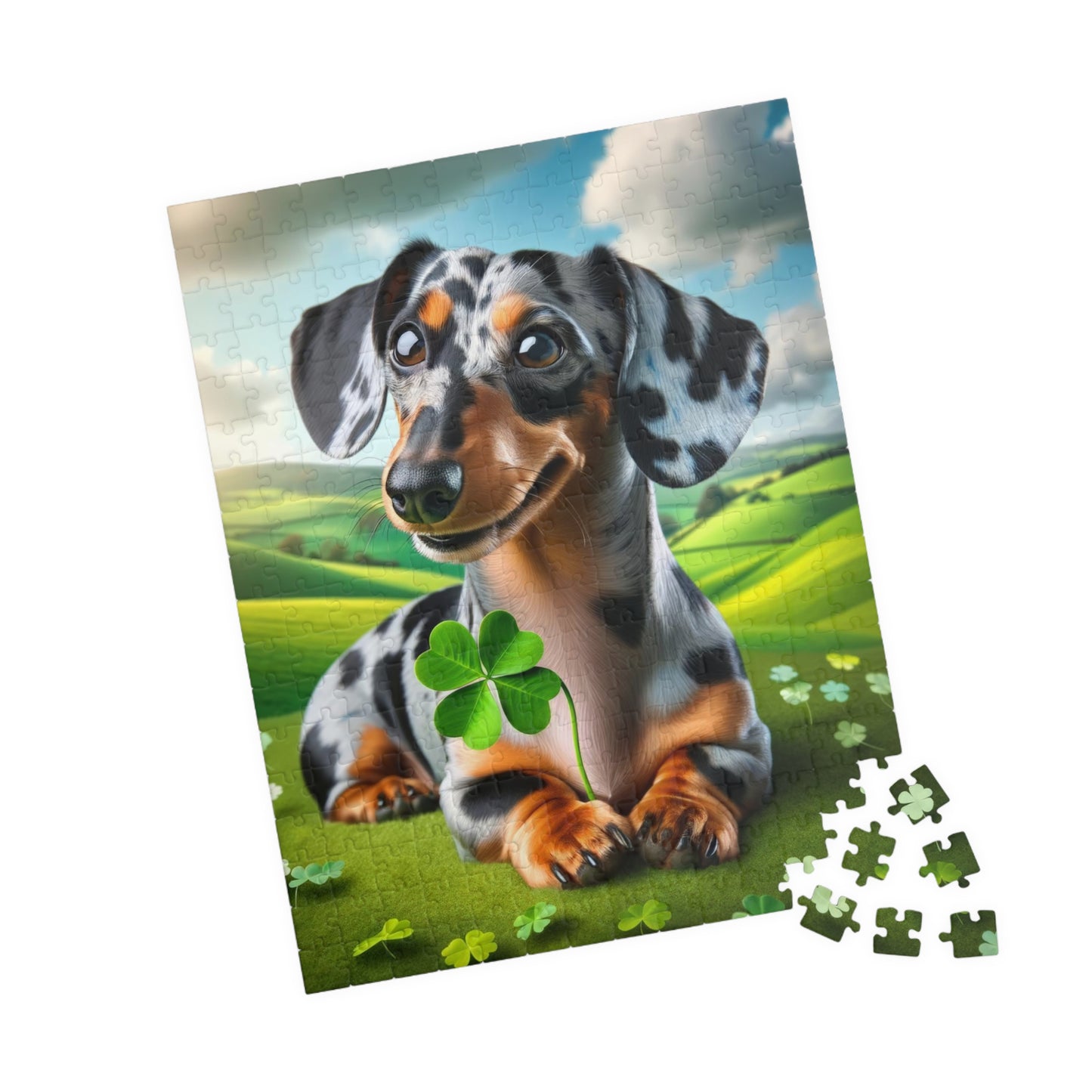 St Patrick's Day Lucky Charm Miniature Dachshund Jigsaw Puzzle -  Blue and Cream Dapple Mini Doxie 110, 252, 520 or 1014 Pieces