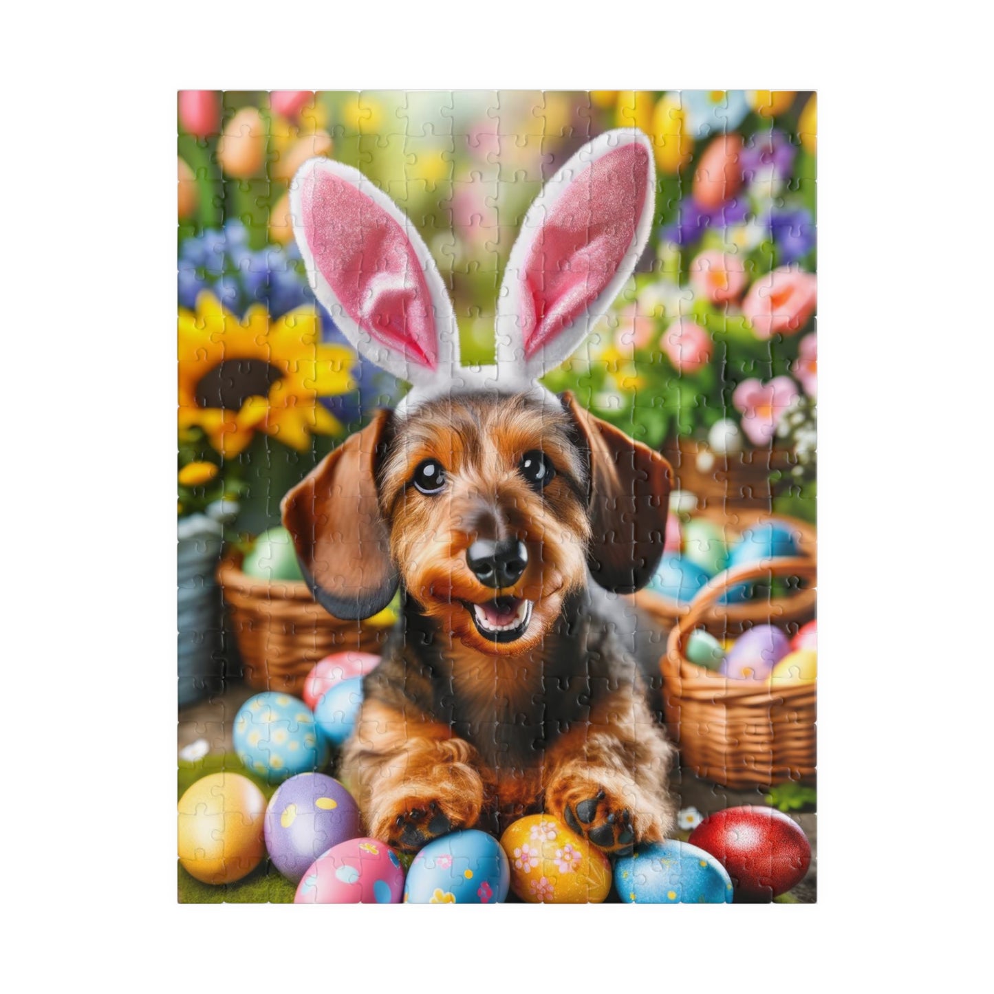 Springtime Fun Easter Bunny Miniature Dachshund Jigsaw Puzzle - Colorful Egg Hunt Wire-Haired Mini Doxie 110, 252, 520, 1014 Pieces