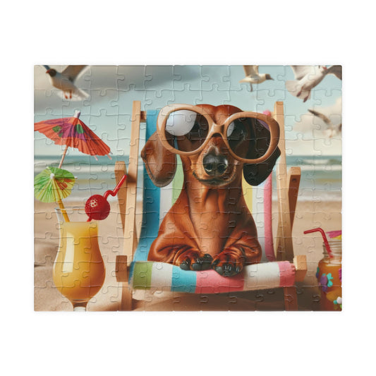 Sunny Dachshund Beach Puzzle - Coco on Vacation Jigsaw, Available in 110, 252, 520 Pieces, Glossy Finish