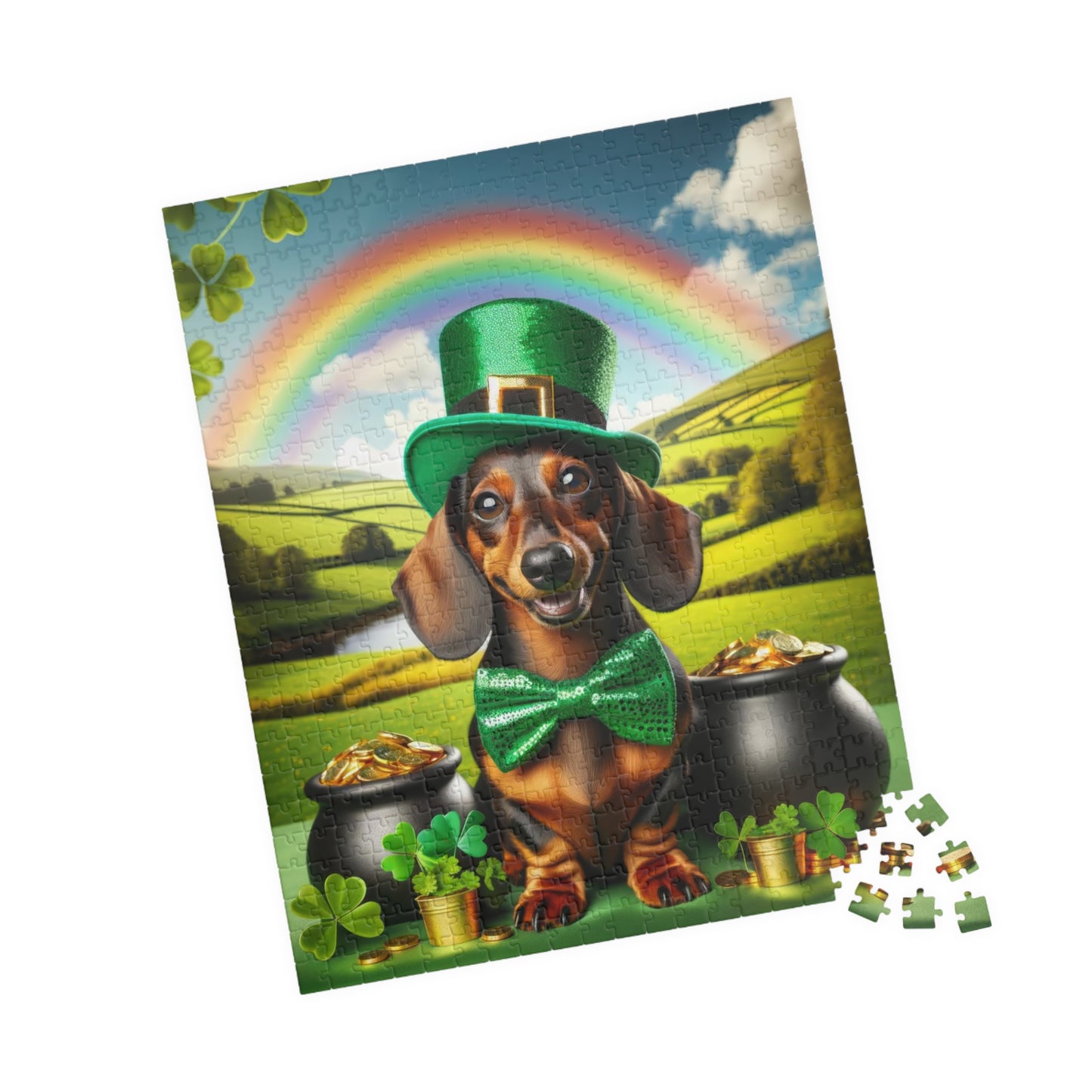 Pot O' Gold Miniature Dachshund Jigsaw Puzzle - Enchanting Lucky Mini Doxie, 110, 252, 520 or 1014 Pieces