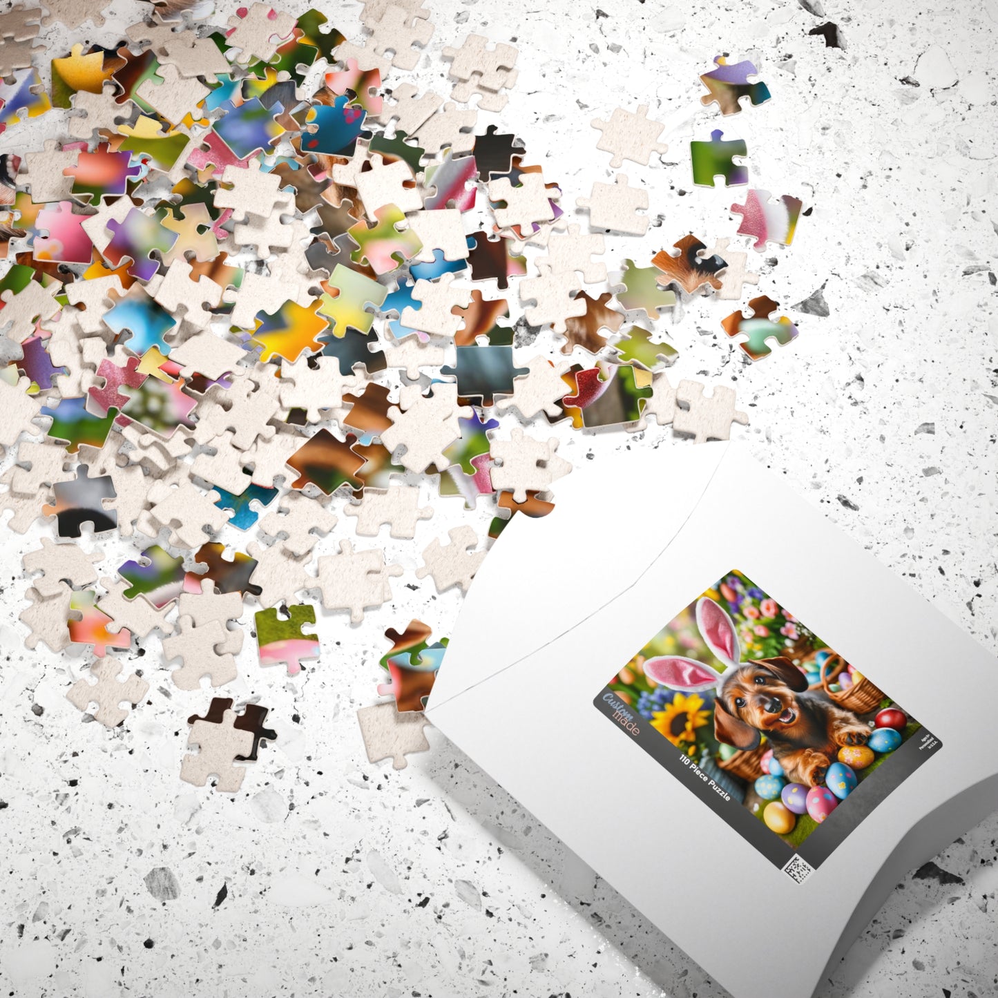 Springtime Fun Easter Bunny Miniature Dachshund Jigsaw Puzzle - Colorful Egg Hunt Wire-Haired Mini Doxie 110, 252, 520, 1014 Pieces