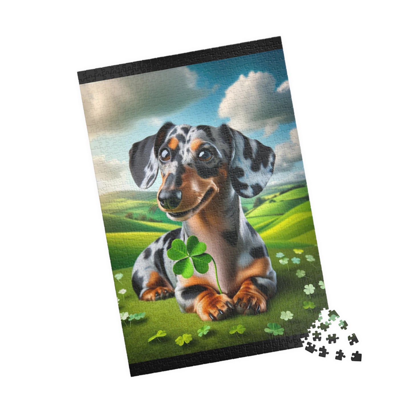 St Patrick's Day Lucky Charm Miniature Dachshund Jigsaw Puzzle -  Blue and Cream Dapple Mini Doxie 110, 252, 520 or 1014 Pieces