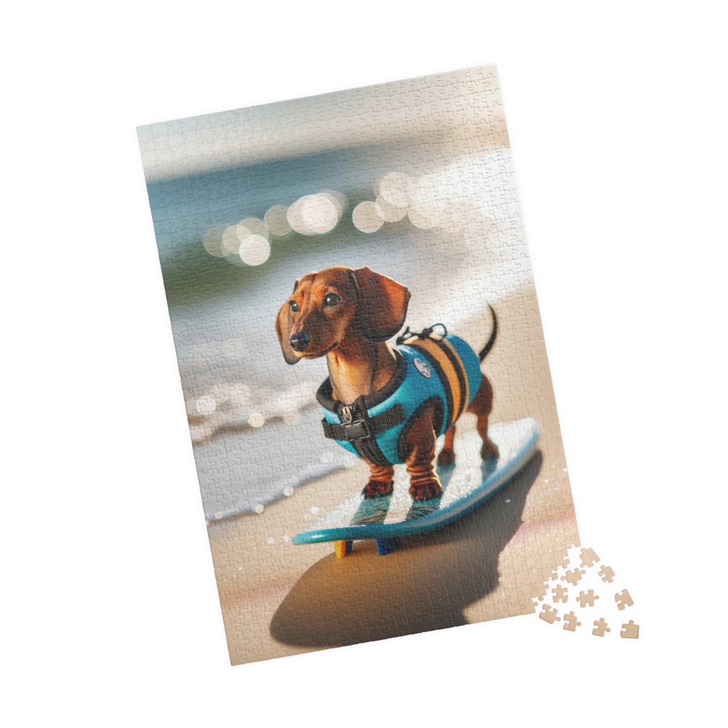 Beach Adventure Surf's Up Miniature Dachshund Jigsaw Puzzle - Vibrant Red Miniature Doxie, 110, 252, 520 or 1014 Pieces
