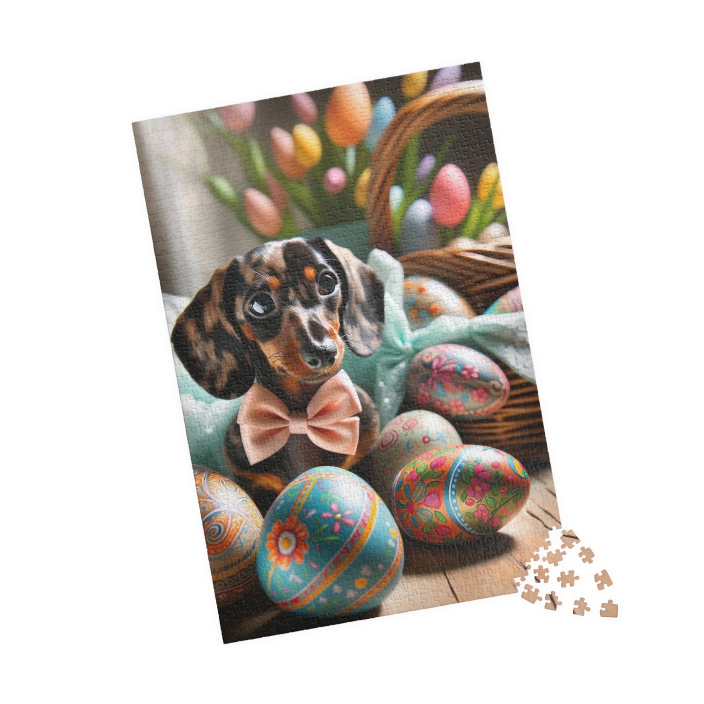 Charming Easter Elegance Miniature Dachshund Jigsaw Puzzle - Brindle Mini Doxie, Family Fun Activity 110, 252, 520 or 1014 Pieces