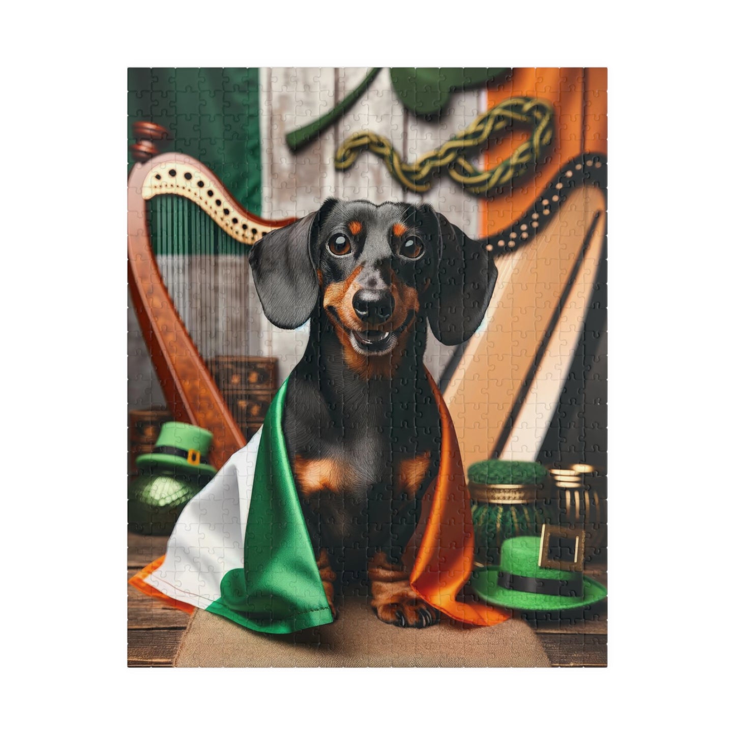 Lucky Doxie Miniature Dachshund Jigsaw Puzzle - St. Patrick's Day Themed Chocolate and Tan Smooth Mini Doxie 110, 252, 520 or 1014 Pieces