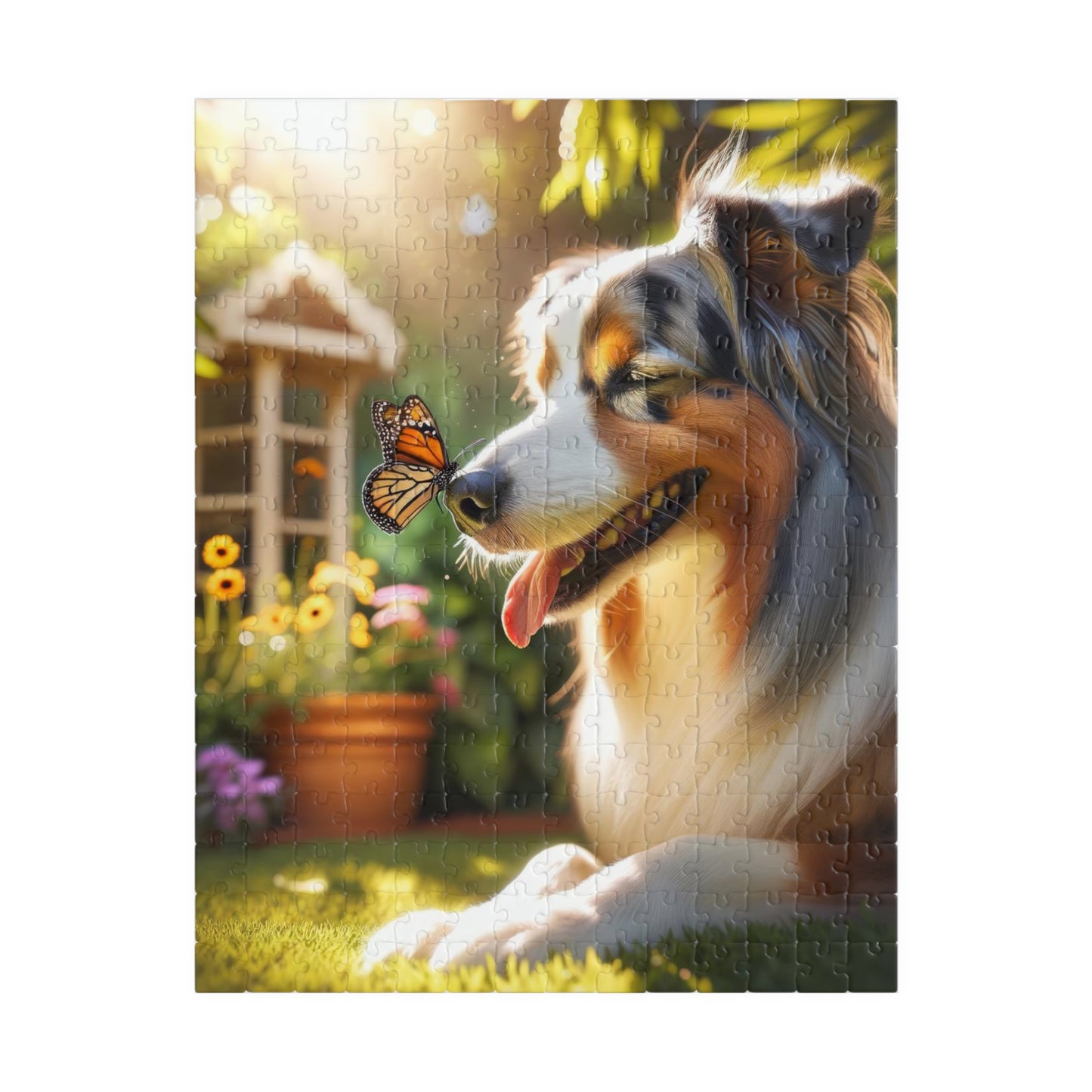 Australian Shepherd & Butterfly Puzzle - Sunlit Serenity - Mindful Family Activity - 110 to 1014 Pieces