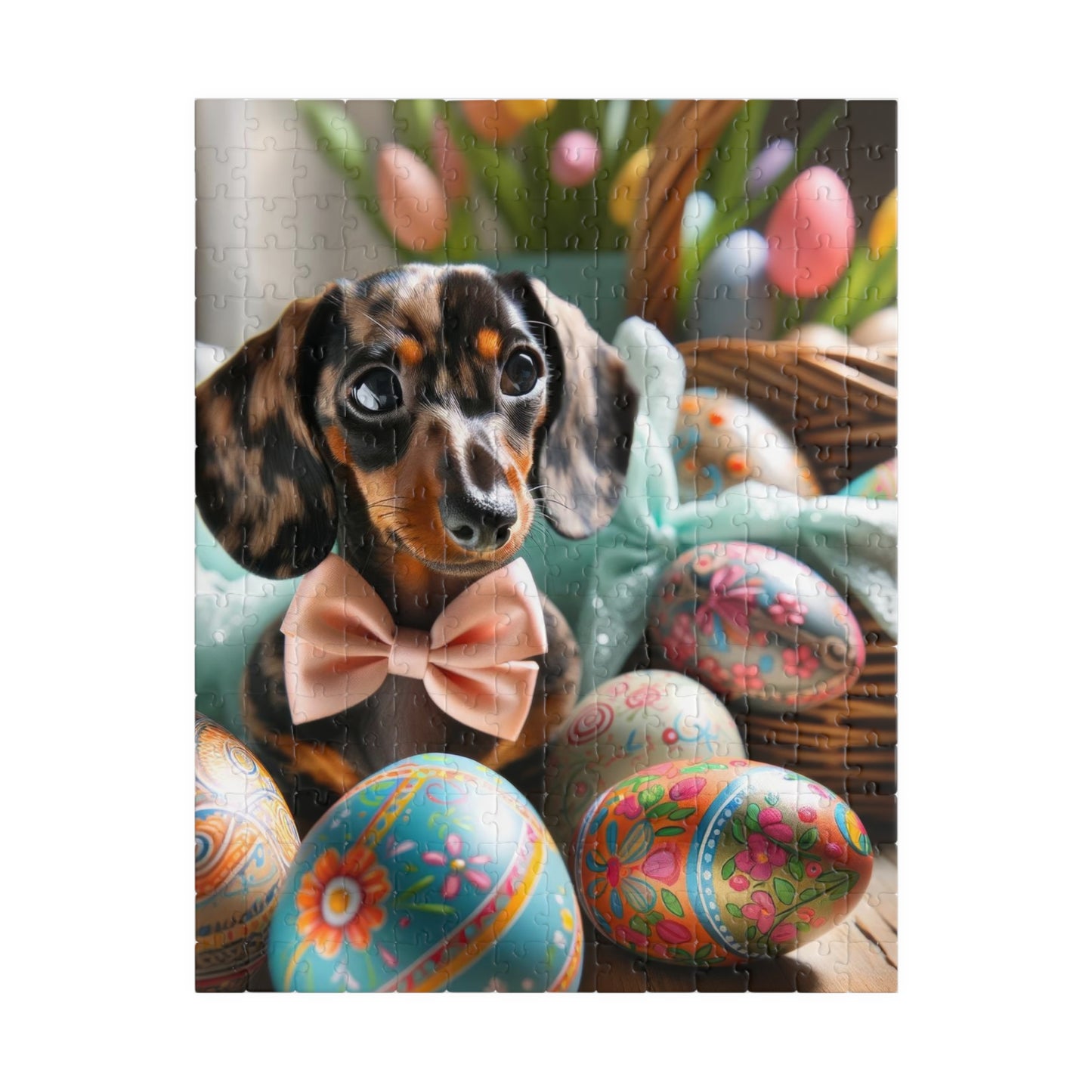 Charming Easter Elegance Miniature Dachshund Jigsaw Puzzle - Brindle Mini Doxie, Family Fun Activity 110, 252, 520 or 1014 Pieces