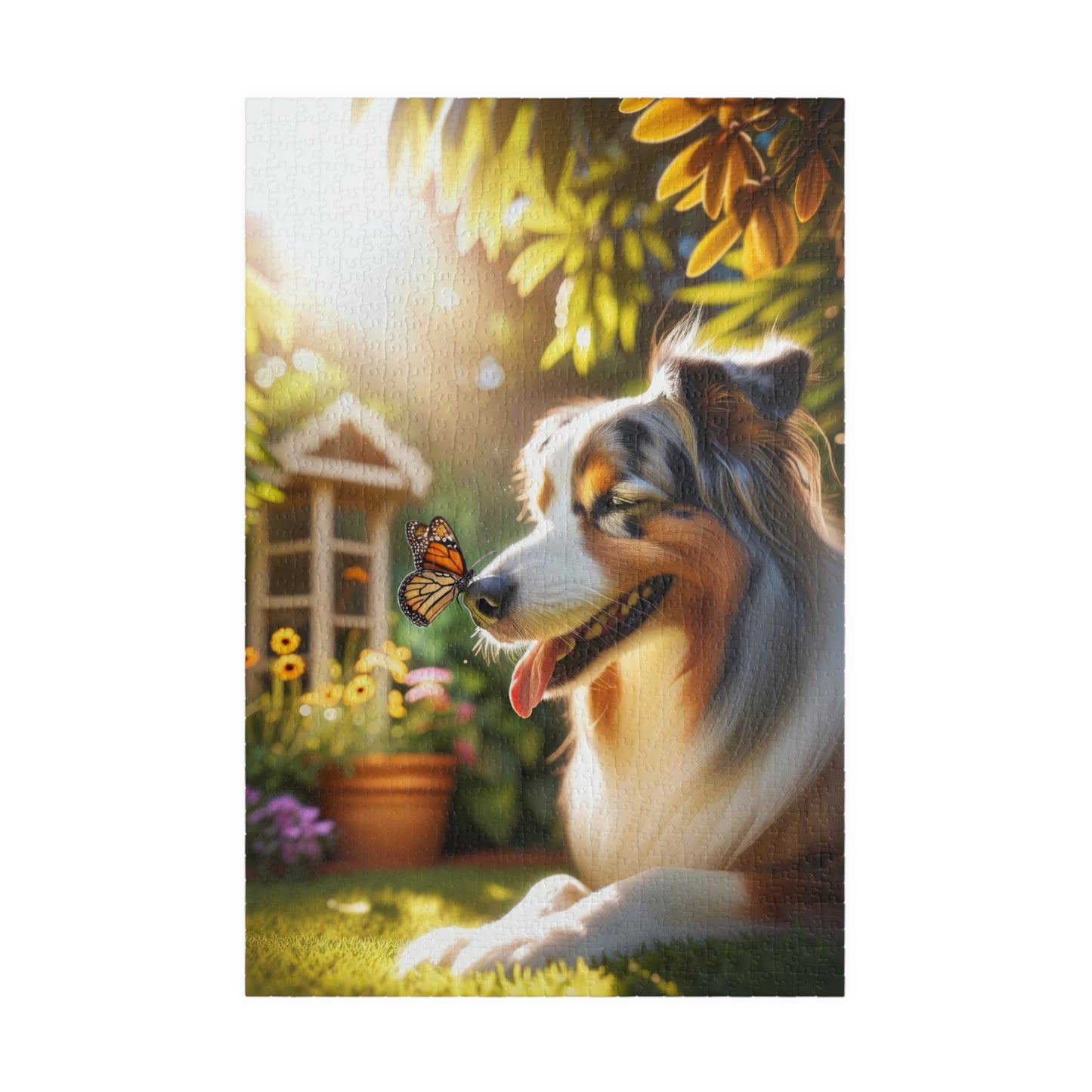 Australian Shepherd & Butterfly Puzzle - Sunlit Serenity - Mindful Family Activity - 110 to 1014 Pieces