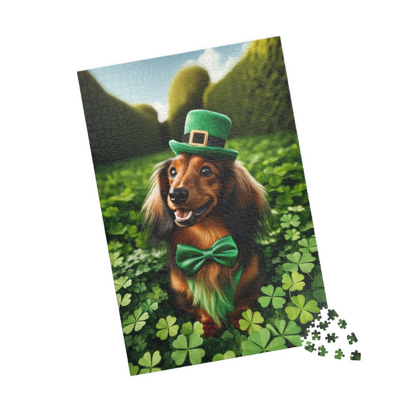 St. Patrick's Day Leprechaun Miniature Dachshund Jigsaw Puzzle - Long Haired Chocolate and Cream Mini Doxie 110, 252, 520 or 1014 Pieces