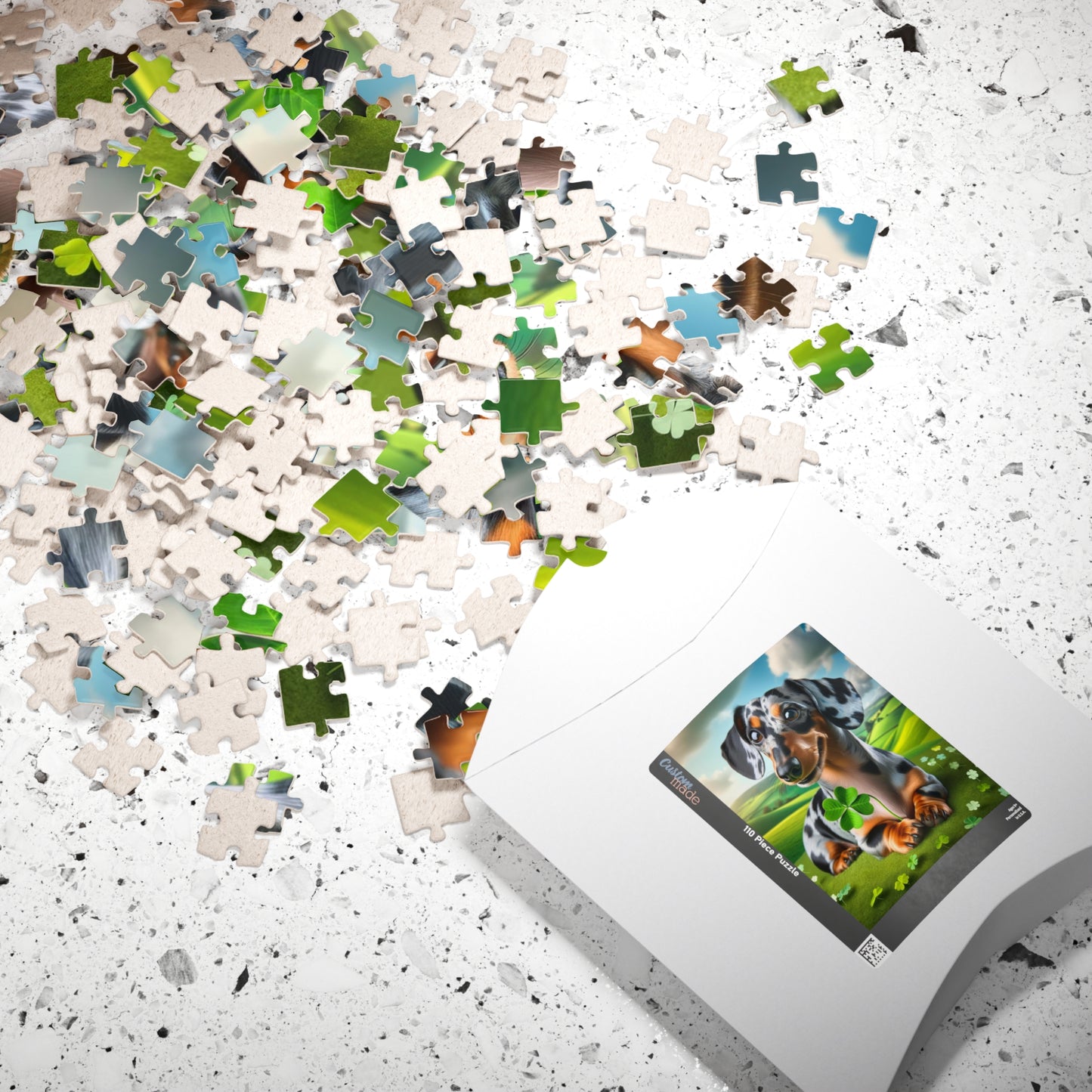 St Patrick's Day Lucky Charm Miniature Dachshund Jigsaw Puzzle -  Blue and Cream Dapple Mini Doxie 110, 252, 520 or 1014 Pieces