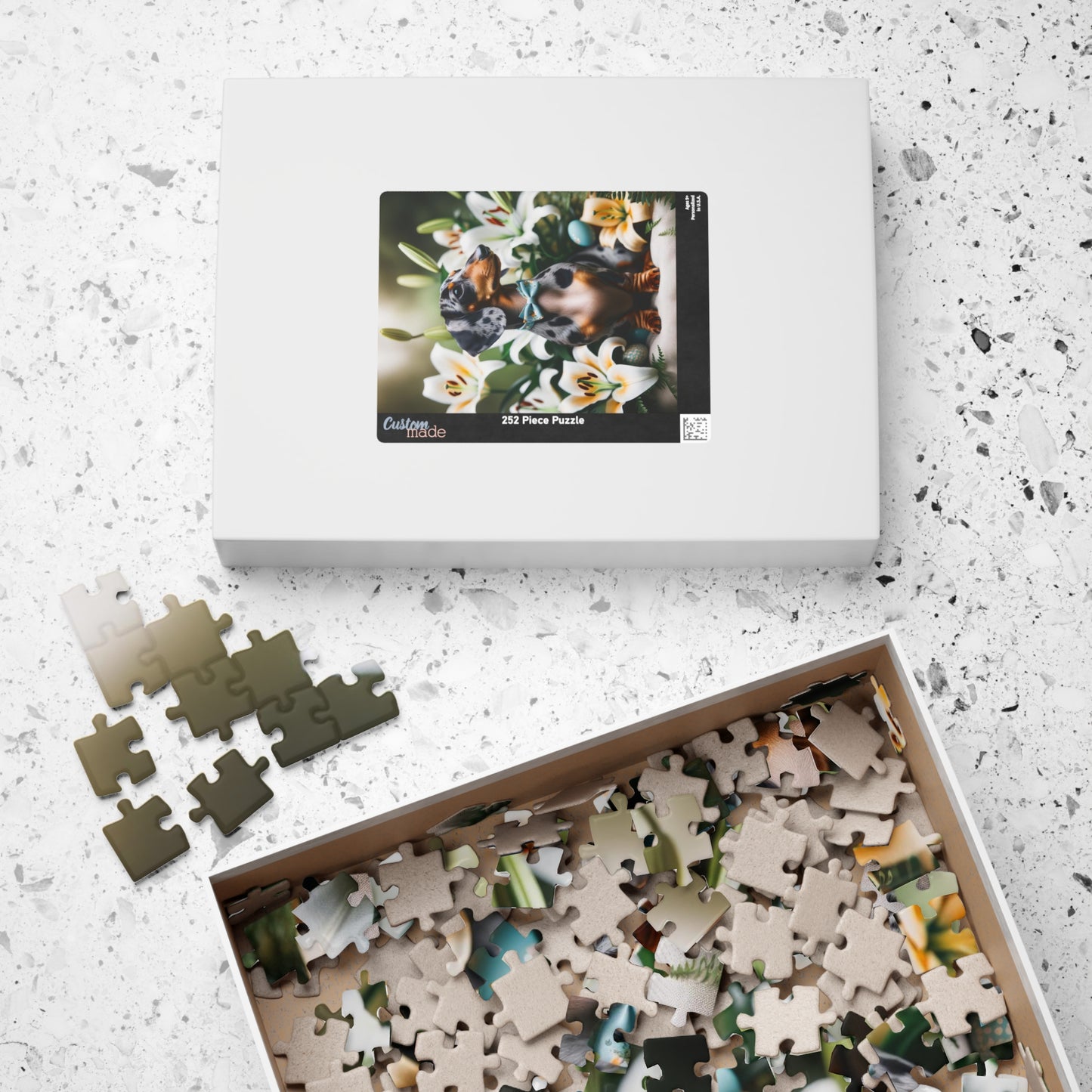 Spring Serenity Miniature Dachshund Jigsaw Puzzle - Tranquil Blue and Tan Dapple in Easter Lily Garden 110, 252, 520 or 1014 Pieces