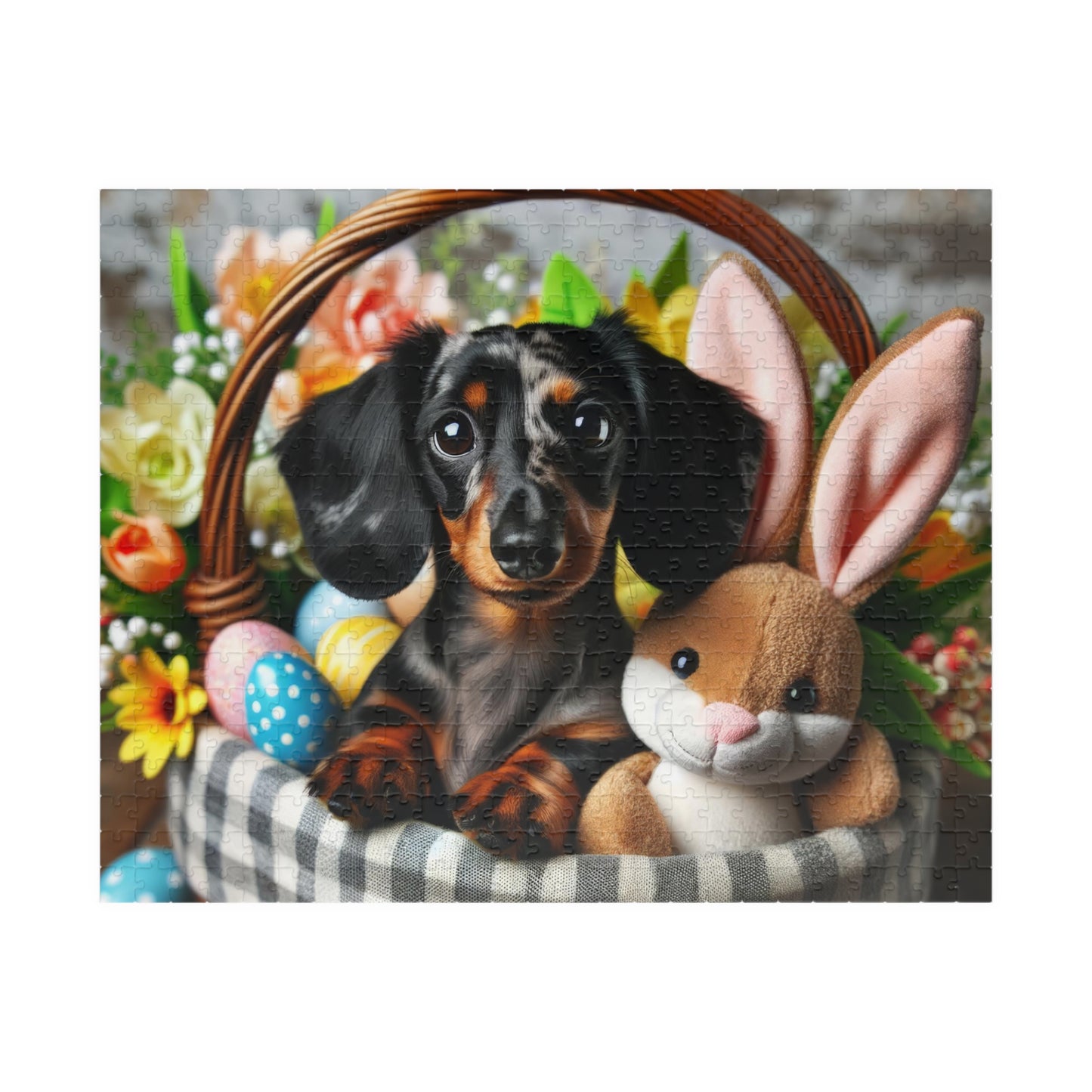 Easter Joy Miniature Dachshund Jigsaw Puzzle - Spring Celebration Black and Tan Mini Doxie 110, 252, 520 or 1014 Pieces
