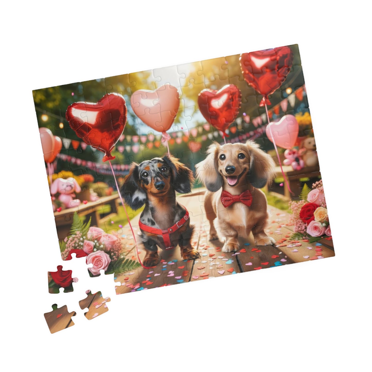 Charming Puppy Love Celebration Miniature Dachshund Jigsaw Puzzle - Dapple and English Cream Lovers Gift 110, 252, 520 or 1014 Pieces