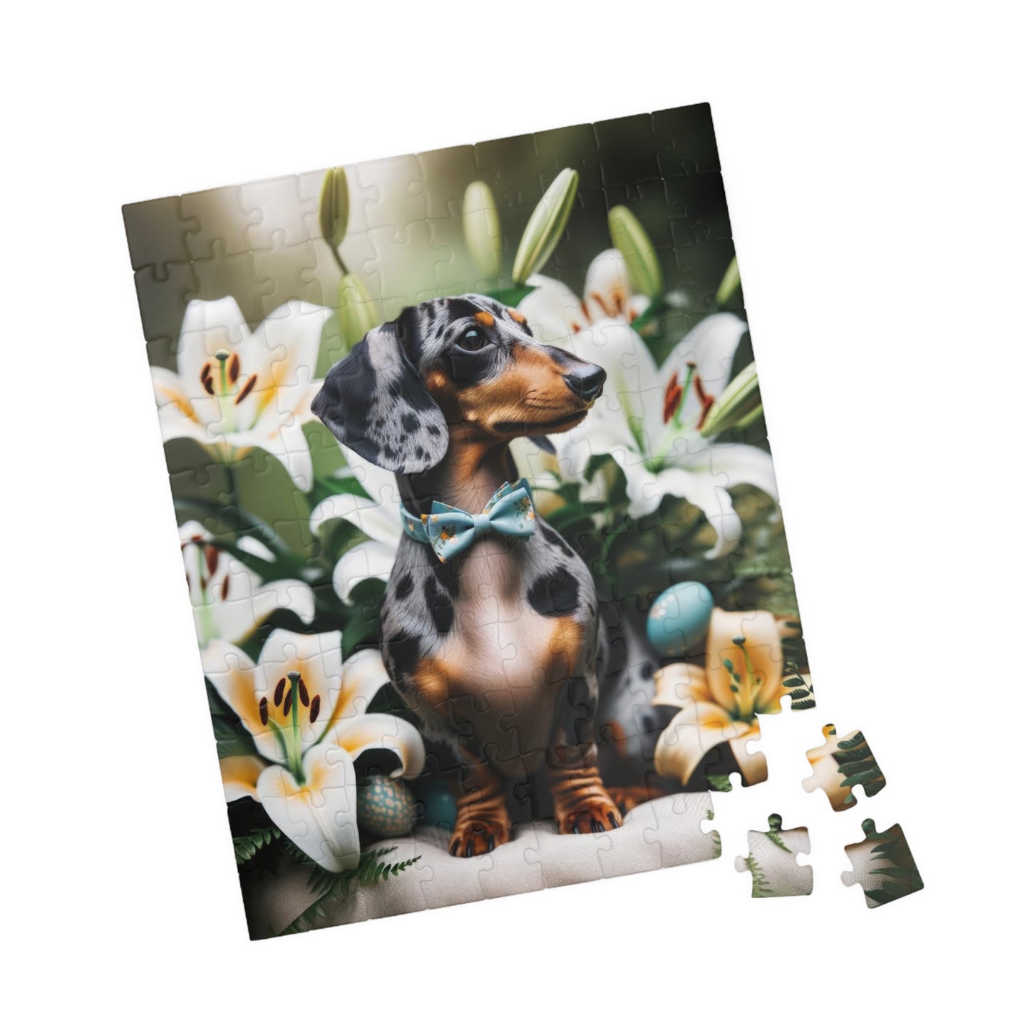 Spring Serenity Miniature Dachshund Jigsaw Puzzle - Tranquil Blue and Tan Dapple in Easter Lily Garden 110, 252, 520 or 1014 Pieces
