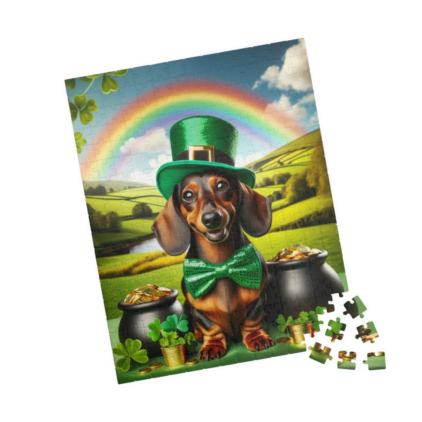 Pot O' Gold Miniature Dachshund Jigsaw Puzzle - Enchanting Lucky Mini Doxie, 110, 252, 520 or 1014 Pieces