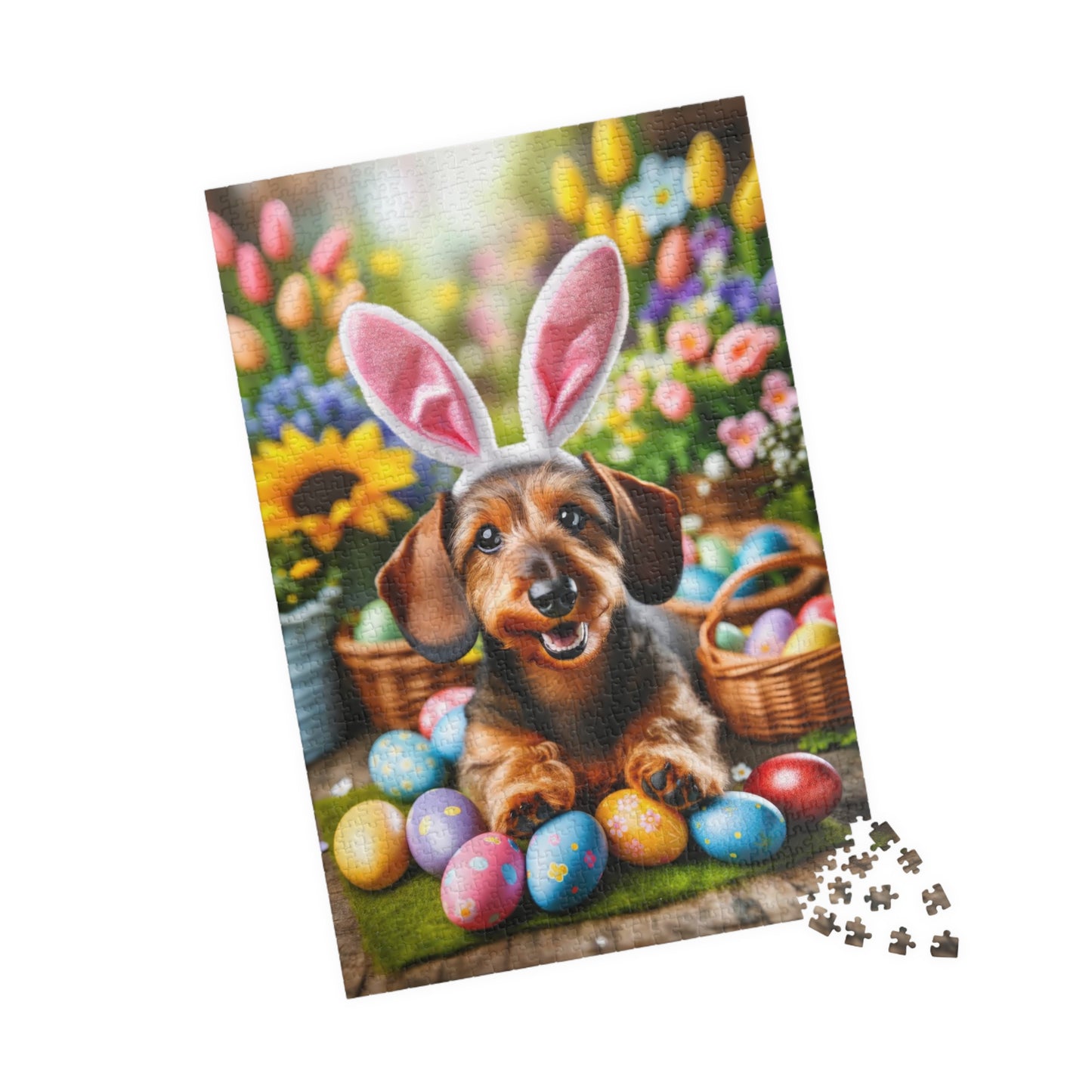 Springtime Fun Easter Bunny Miniature Dachshund Jigsaw Puzzle - Colorful Egg Hunt Wire-Haired Mini Doxie 110, 252, 520, 1014 Pieces