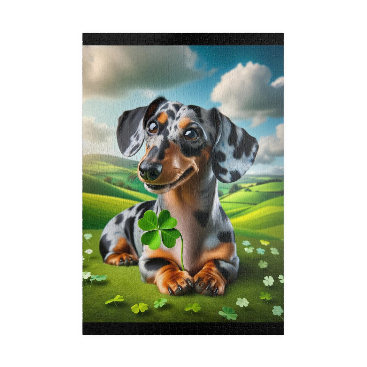 St Patrick's Day Lucky Charm Miniature Dachshund Jigsaw Puzzle -  Blue and Cream Dapple Mini Doxie 110, 252, 520 or 1014 Pieces