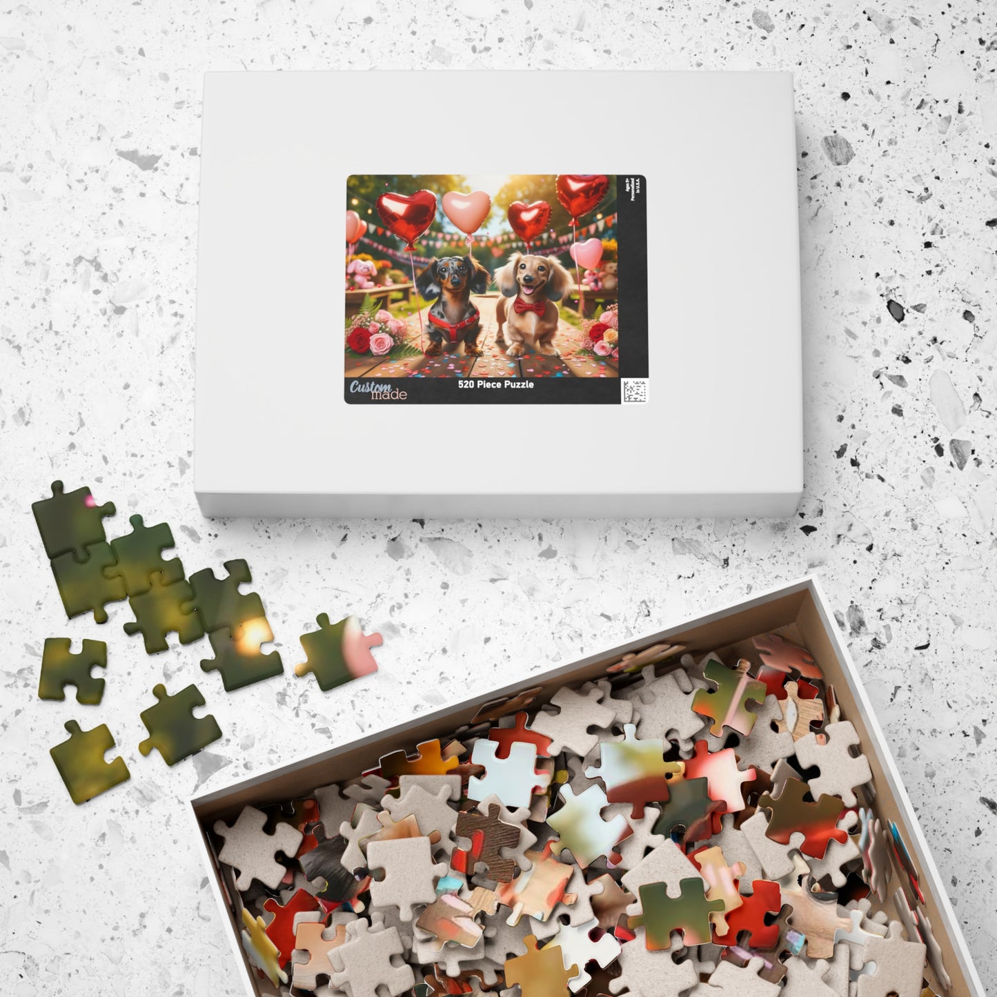 Charming Puppy Love Celebration Miniature Dachshund Jigsaw Puzzle - Dapple and English Cream Lovers Gift 110, 252, 520 or 1014 Pieces