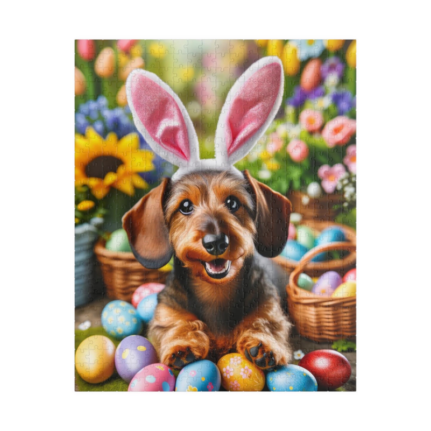 Springtime Fun Easter Bunny Miniature Dachshund Jigsaw Puzzle - Colorful Egg Hunt Wire-Haired Mini Doxie 110, 252, 520, 1014 Pieces