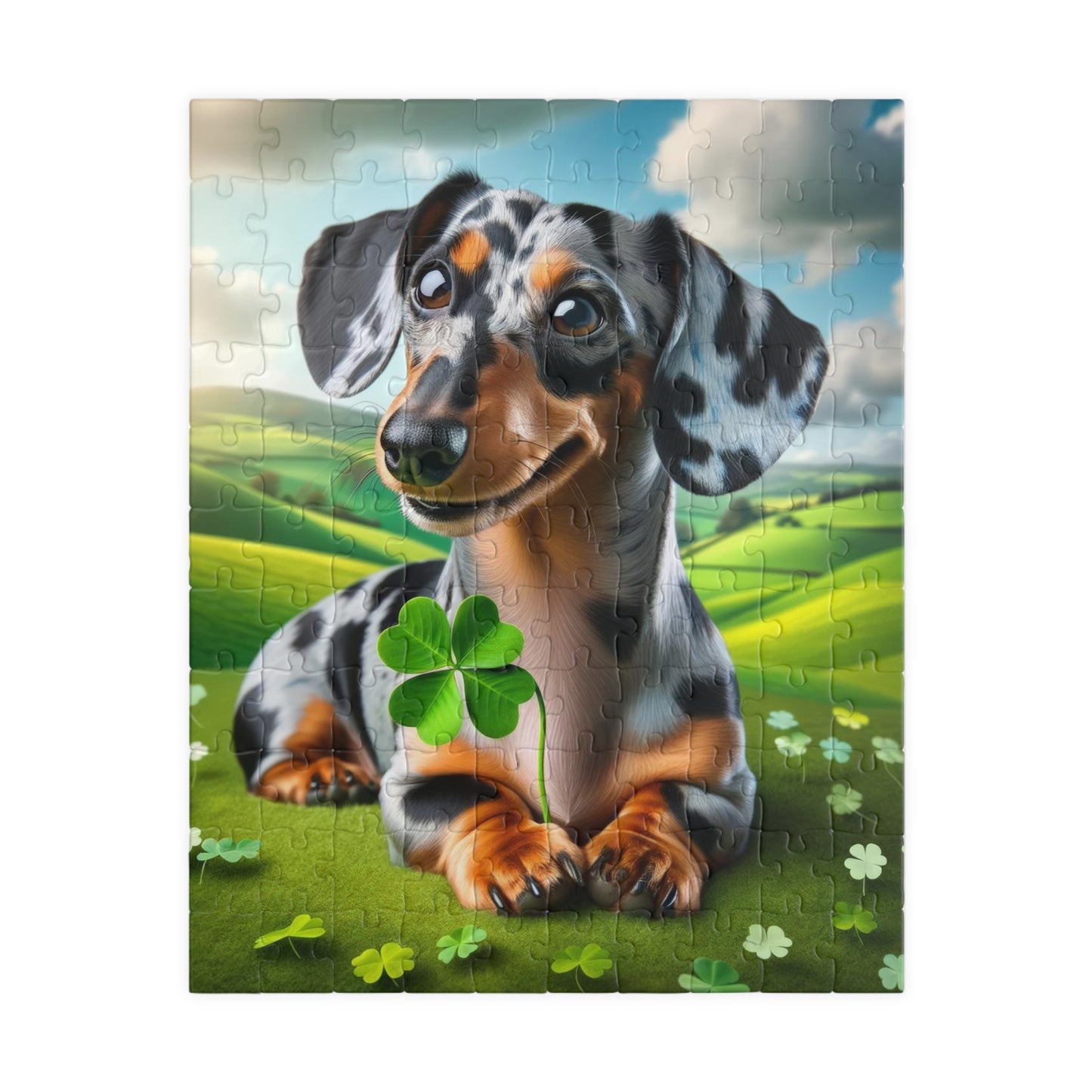 St Patrick's Day Lucky Charm Miniature Dachshund Jigsaw Puzzle -  Blue and Cream Dapple Mini Doxie 110, 252, 520 or 1014 Pieces