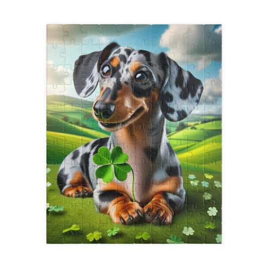 St Patrick's Day Lucky Charm Miniature Dachshund Jigsaw Puzzle -  Blue and Cream Dapple Mini Doxie 110, 252, 520 or 1014 Pieces