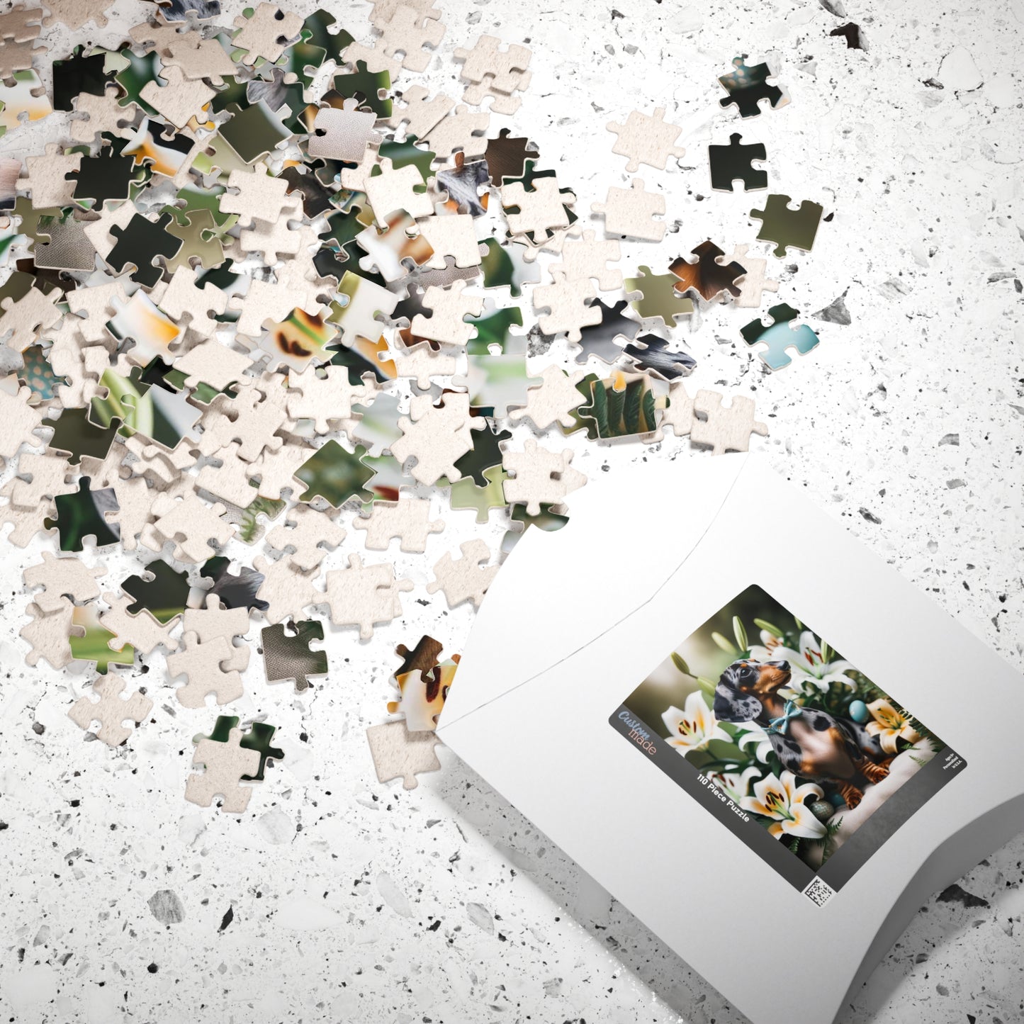 Spring Serenity Miniature Dachshund Jigsaw Puzzle - Tranquil Blue and Tan Dapple in Easter Lily Garden 110, 252, 520 or 1014 Pieces