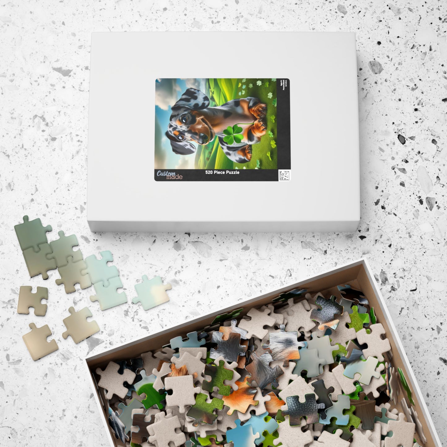 St Patrick's Day Lucky Charm Miniature Dachshund Jigsaw Puzzle -  Blue and Cream Dapple Mini Doxie 110, 252, 520 or 1014 Pieces