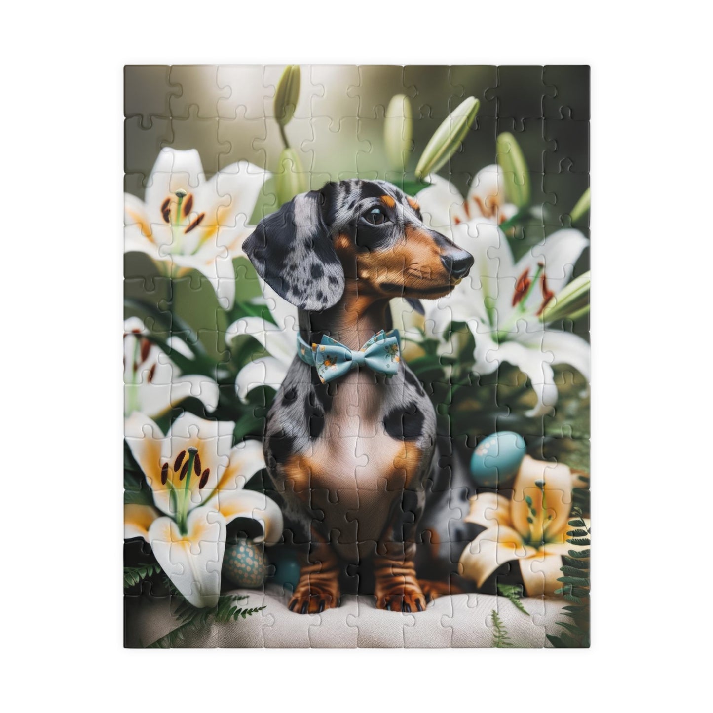 Spring Serenity Miniature Dachshund Jigsaw Puzzle - Tranquil Blue and Tan Dapple in Easter Lily Garden 110, 252, 520 or 1014 Pieces