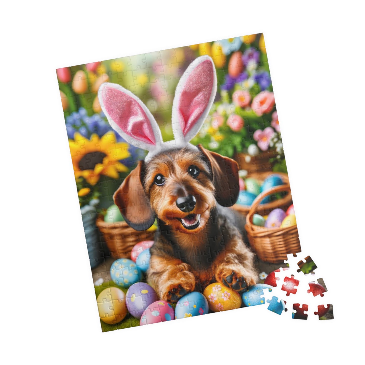 Springtime Fun Easter Bunny Miniature Dachshund Jigsaw Puzzle - Colorful Egg Hunt Wire-Haired Mini Doxie 110, 252, 520, 1014 Pieces