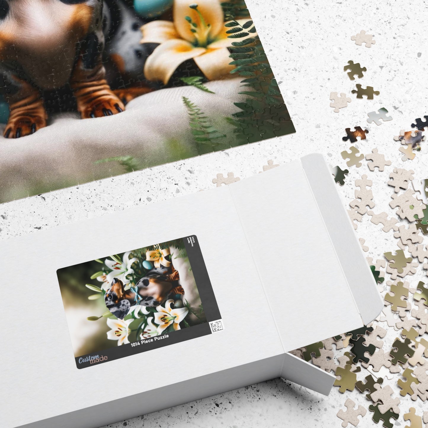 Spring Serenity Miniature Dachshund Jigsaw Puzzle - Tranquil Blue and Tan Dapple in Easter Lily Garden 110, 252, 520 or 1014 Pieces