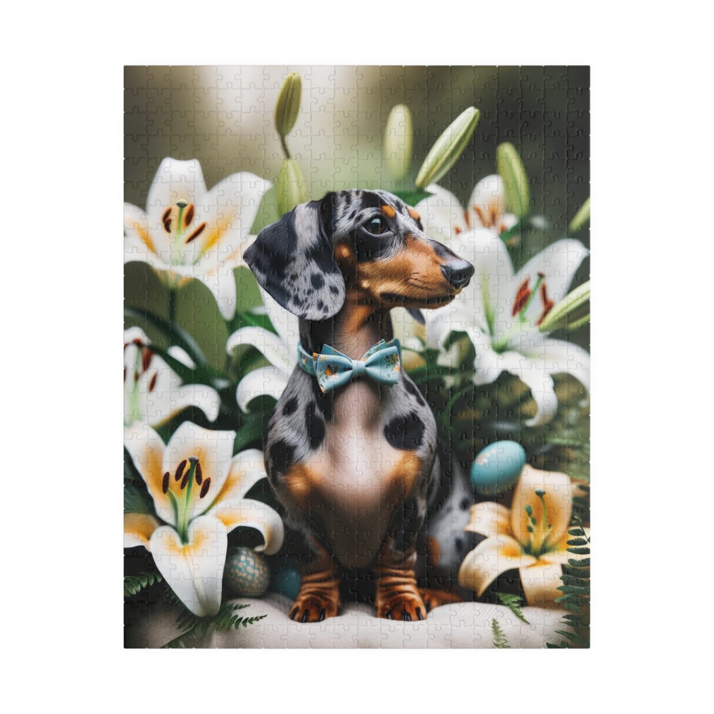 Spring Serenity Miniature Dachshund Jigsaw Puzzle - Tranquil Blue and Tan Dapple in Easter Lily Garden 110, 252, 520 or 1014 Pieces