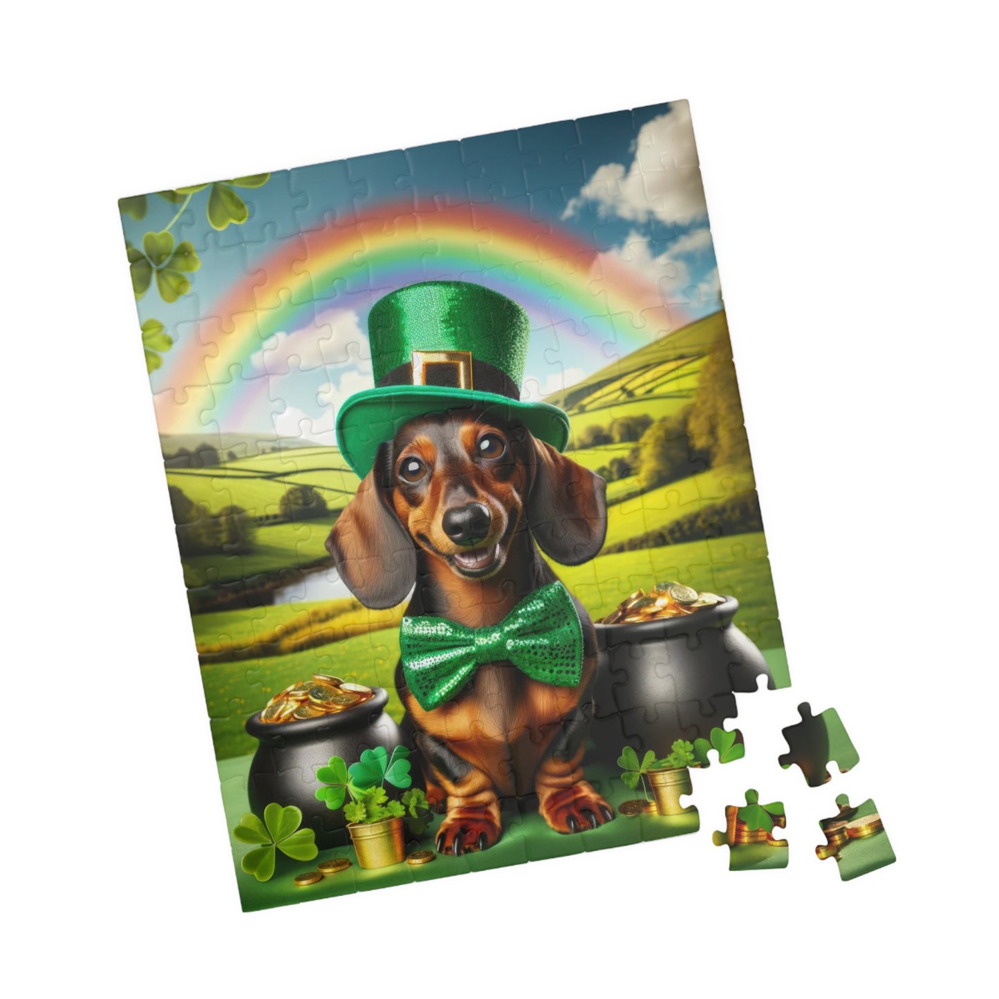 Pot O' Gold Miniature Dachshund Jigsaw Puzzle - Enchanting Lucky Mini Doxie, 110, 252, 520 or 1014 Pieces