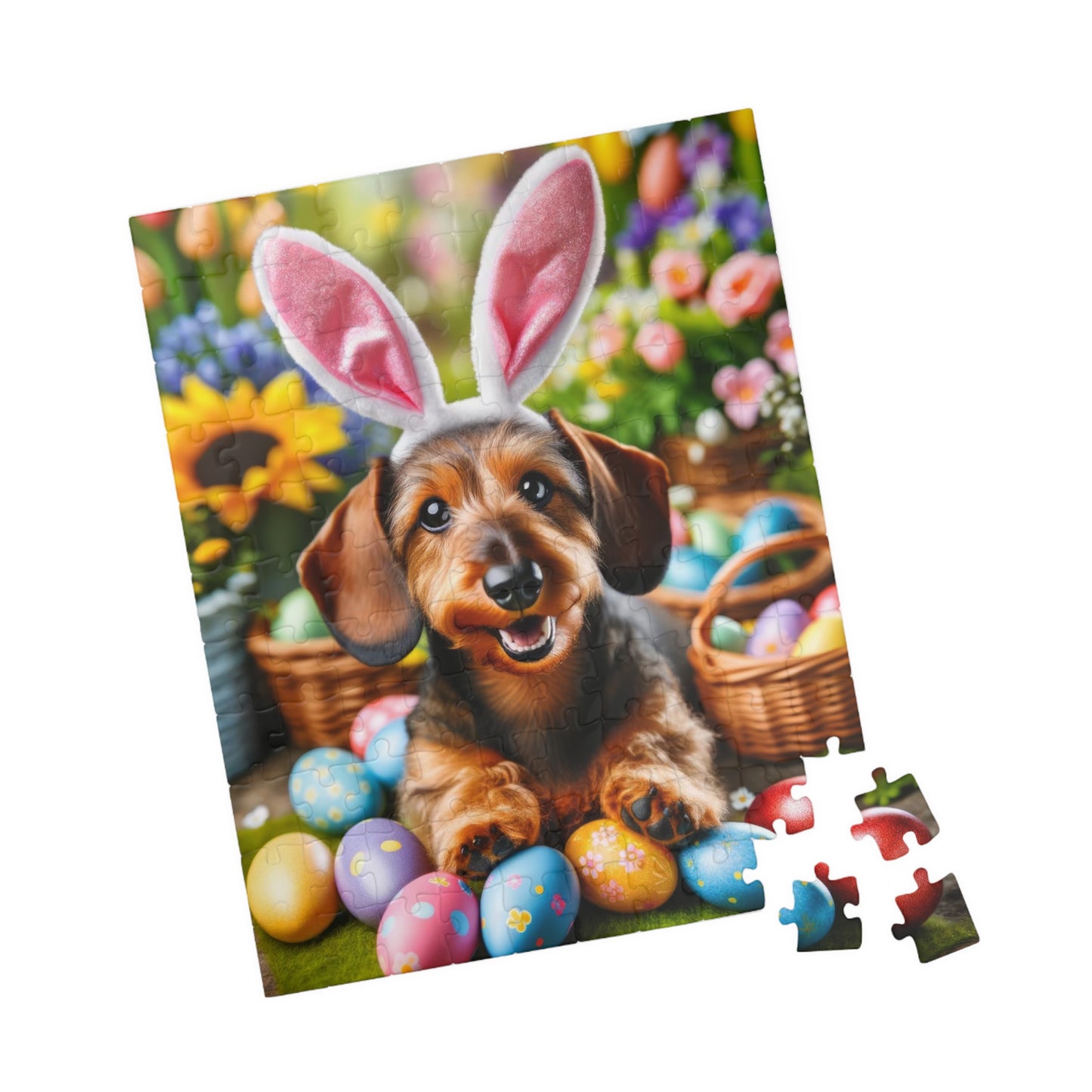 Springtime Fun Easter Bunny Miniature Dachshund Jigsaw Puzzle - Colorful Egg Hunt Wire-Haired Mini Doxie 110, 252, 520, 1014 Pieces
