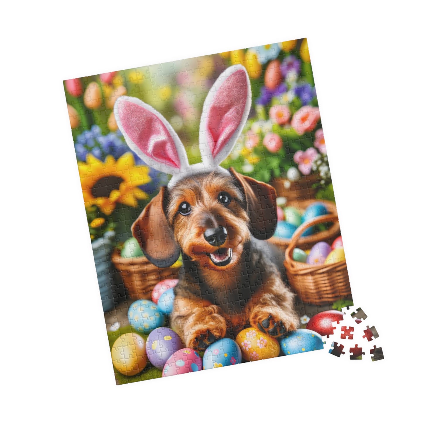 Springtime Fun Easter Bunny Miniature Dachshund Jigsaw Puzzle - Colorful Egg Hunt Wire-Haired Mini Doxie 110, 252, 520, 1014 Pieces