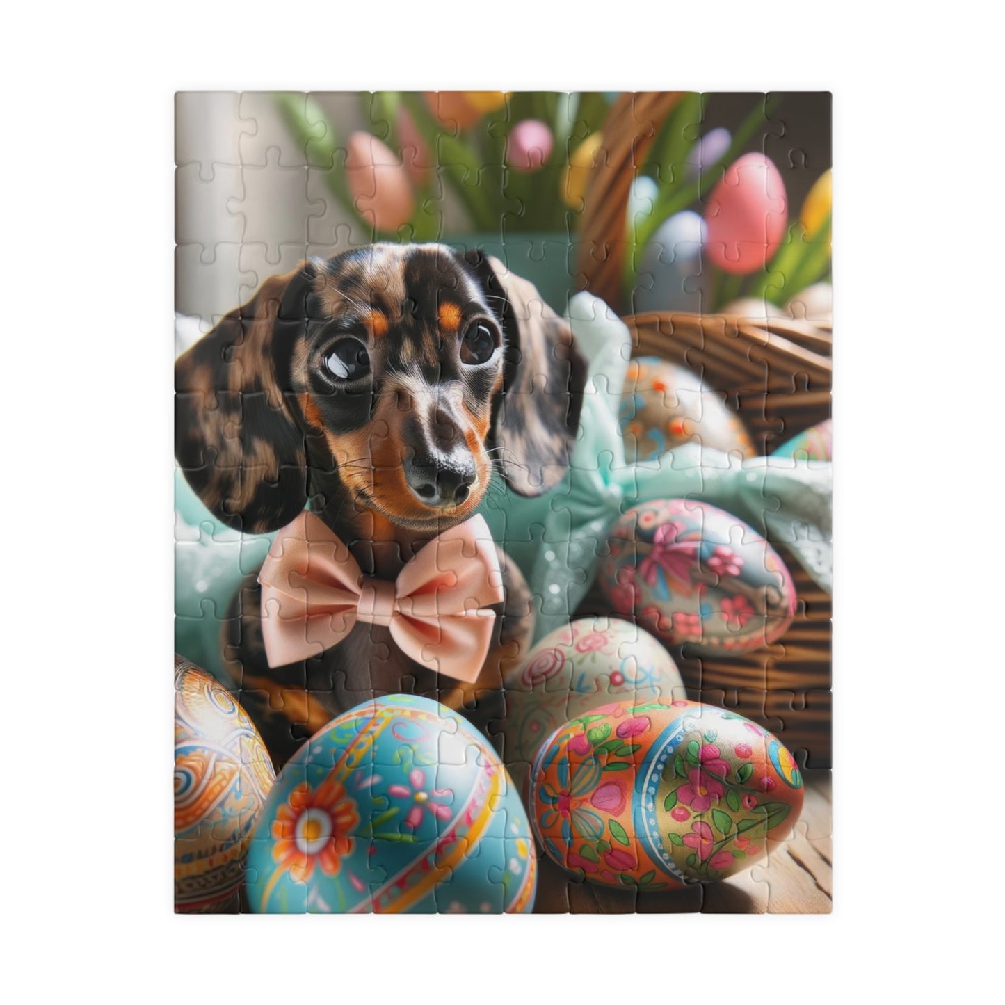 Charming Easter Elegance Miniature Dachshund Jigsaw Puzzle - Brindle Mini Doxie, Family Fun Activity 110, 252, 520 or 1014 Pieces