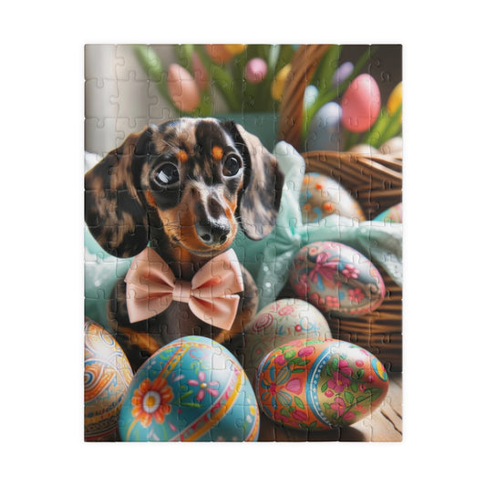 Charming Easter Elegance Miniature Dachshund Jigsaw Puzzle - Brindle Mini Doxie, Family Fun Activity 110, 252, 520 or 1014 Pieces