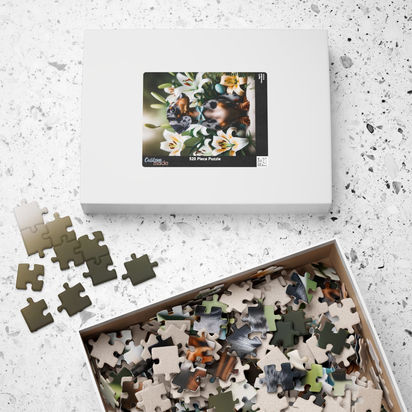 Spring Serenity Miniature Dachshund Jigsaw Puzzle - Tranquil Blue and Tan Dapple in Easter Lily Garden 110, 252, 520 or 1014 Pieces