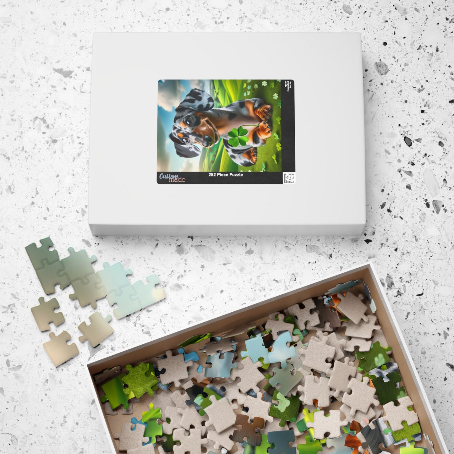 St Patrick's Day Lucky Charm Miniature Dachshund Jigsaw Puzzle -  Blue and Cream Dapple Mini Doxie 110, 252, 520 or 1014 Pieces